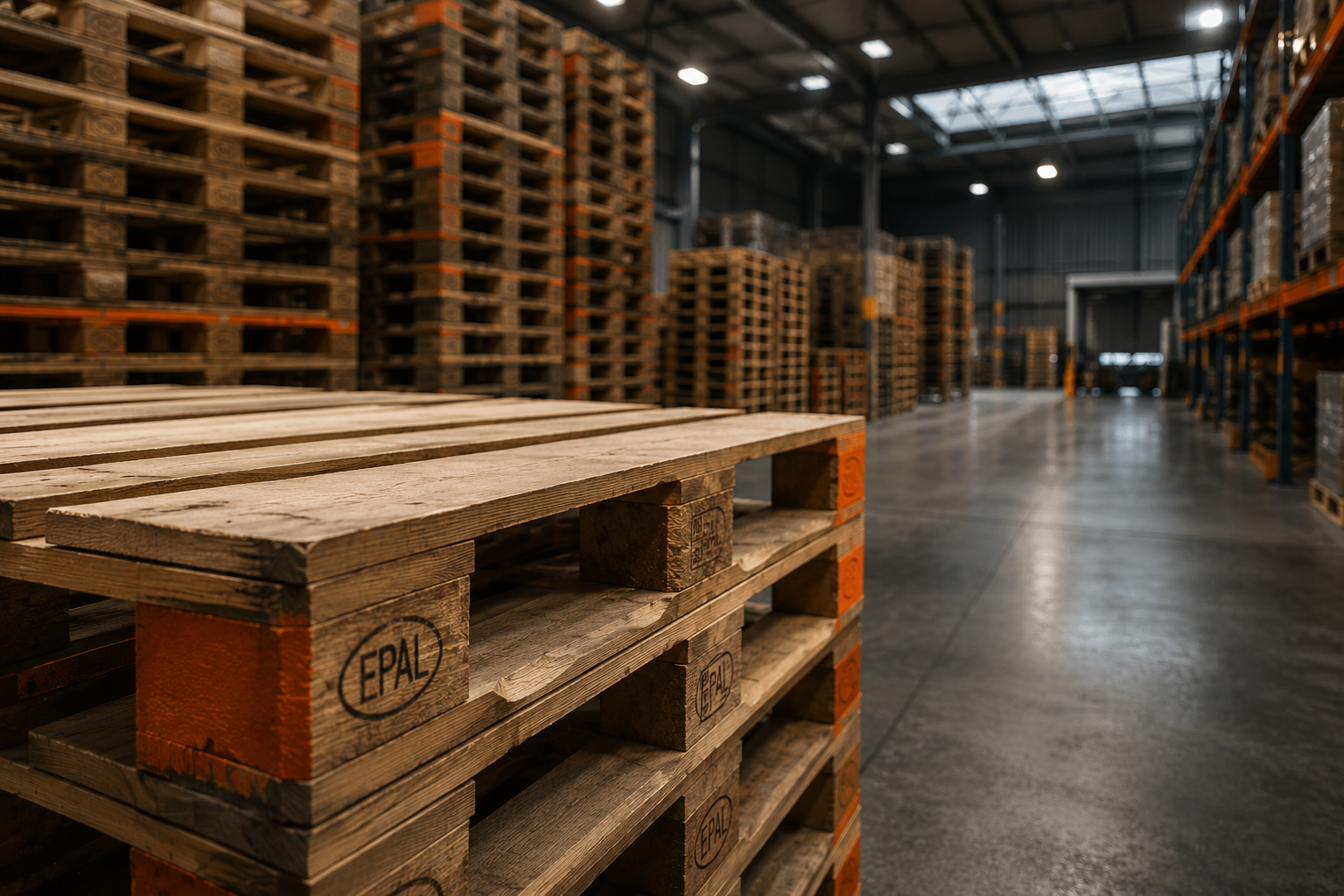 Nave industrial de Estación Tarima con tarimas de madera apiladas listas para despacho